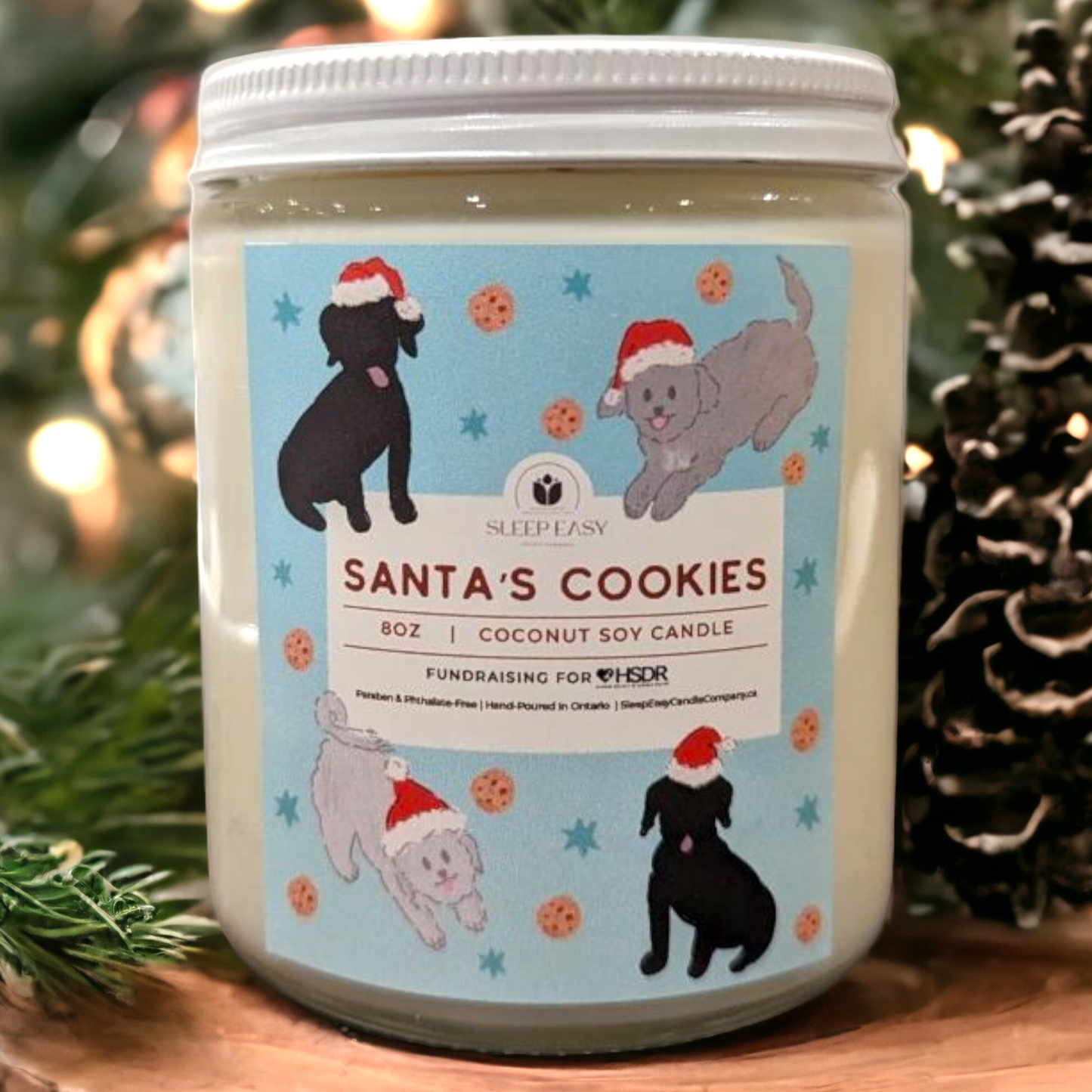 Holiday fundraiser for the humane society of durham region. 8oz Coconut Soy Candle, in the scent of fresh baked cookies. Candle Name Santa's Cookies.