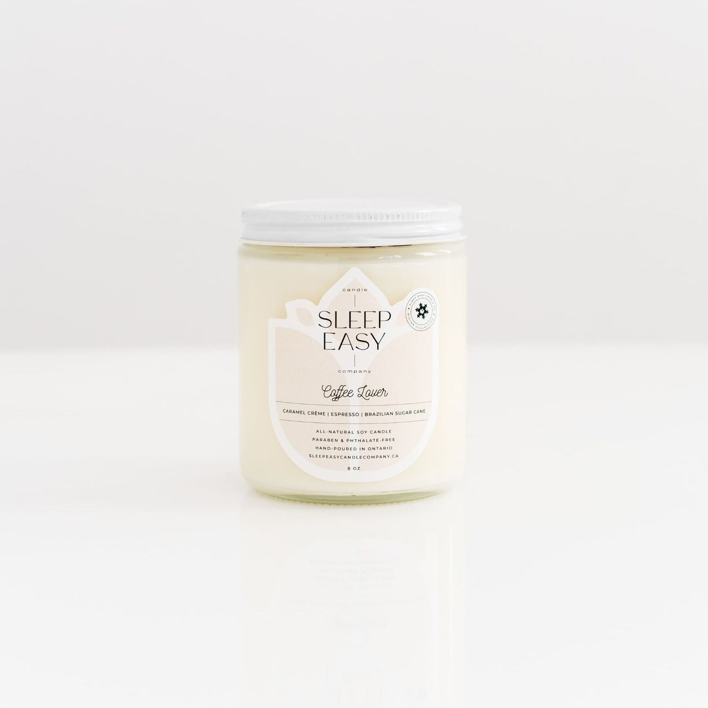 clear candle jar with white lid. label is white and light brown. Coffee Lover Scented Soy Candle. Canadian made candles. free shipping canada. all natural soy candles. coffee candles. coffee beans.