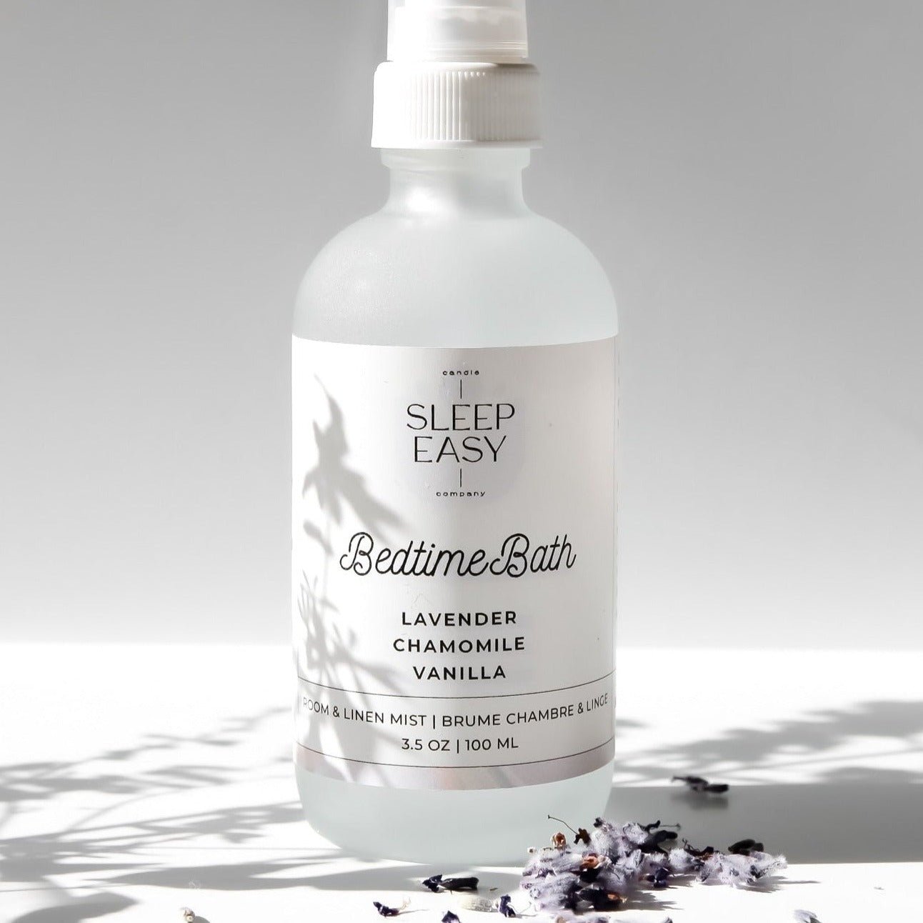 Bedtime bath room spray, best room spray, best selling room spray, home fragrance, lavender room spray, vanilla room spray, chamomile, relaxing room spray, linen mist, fresh linen mist, frosted bottle displayed on a white background, air fresheners & deodorizers