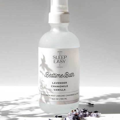 Bedtime bath room spray, best room spray, best selling room spray, home fragrance, lavender room spray, vanilla room spray, chamomile, relaxing room spray, linen mist, fresh linen mist, frosted bottle displayed on a white background, air fresheners & deodorizers